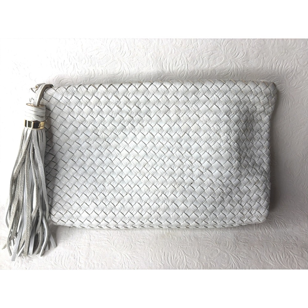 Sam Edelman White Woven Leather Tassel Clutch Bag Handbag